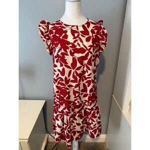 SHEIN Red White Leaf Print Ruffle Hem Flutter Sleeve Mini Shift Dress Small 4